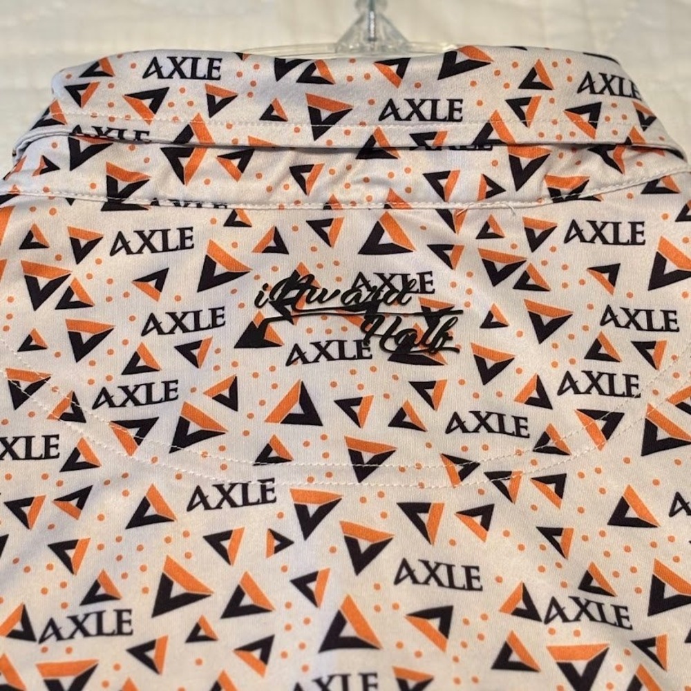 Inward Half Golf Polo Mns L White Orange Polyester Spandex Axle Print Sporty Top - Picture 6 of 8
